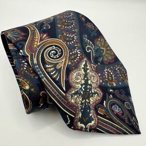 VINTAGE Oscar de la Renta Mens Silk Tie Navy Blue Paisley Medallion Necktie